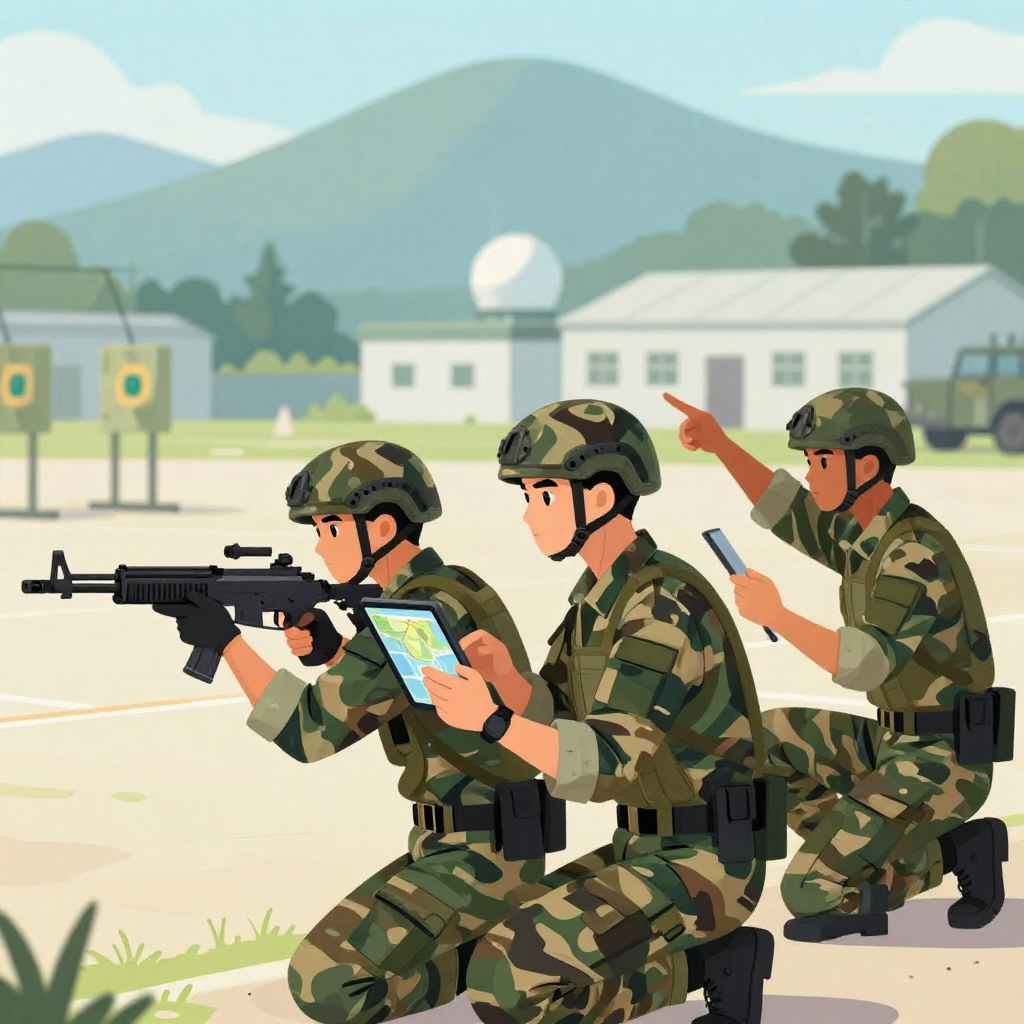 扁平插畫風格、統一柔和漸層色調與自然光影。場景為台灣軍事訓練基地的白天戶外，背景有模糊的山景與簡化軍營建築、雷達圓頂與軍車輪廓。前景三位不同性別與膚色的年輕台灣軍人，穿著迷彩服與頭盔，表情專注，正進行實戰訓練：一人蹲姿操作步槍瞄準前方靶場方向、一人拿著平板電腦查看戰術地圖，螢幕面向他、雙手自然持握、眼睛直視螢幕，另一人跪姿比手勢指向遠方，三人視線與動作協調。構圖採中近景，能清楚看到上半身與動作，但保持物件真實比例。色調偏藍綠與卡其色，襯托專業與穩定氛圍。畫面避免任何品牌 logo、可辨識商標、可讀文字與水印。