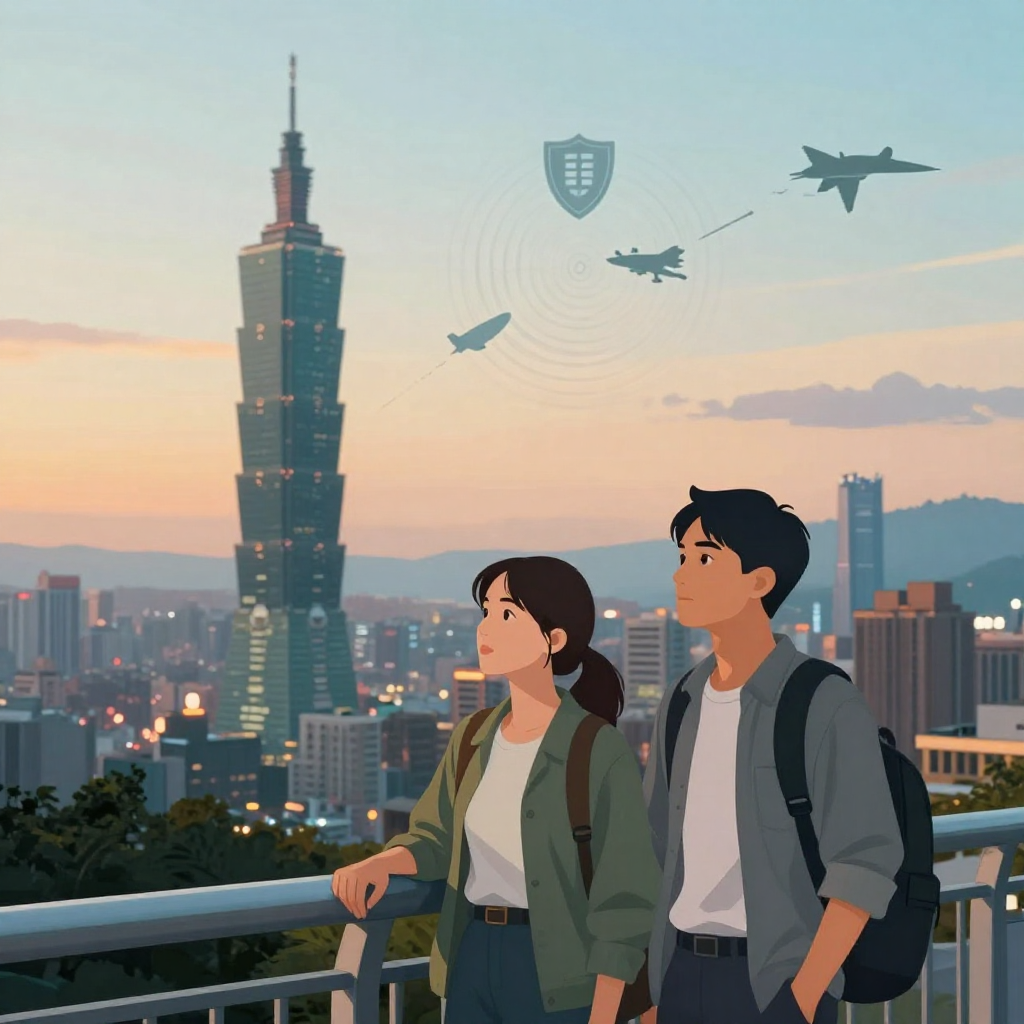 扁平插畫風格，柔和漸層色調與自然光影。場景為台北市高樓林立的黃昏城市景，遠處可見模糊的台北 101 輪廓，天空有淡橘與藍色漸層。畫面前景是一對年輕台灣上班族男女站在天橋上，手扶欄杆，神情專注看向遠方天空中的抽象軍事圖示（如雷達波紋、盾牌符號、戰機與軍艦的極簡線條圖示），象徵國防與安全。人物衣著日常：襯衫、外套與背包，動作自然，不持有任何電子產品。構圖採中景，人物約佔畫面一半，城市與天空佔一半，視角略微俯視整體城市。色調偏藍綠搭配溫暖橘光，營造既有危機意識又不焦慮的氛圍。畫面中不要任何品牌 logo、不要可辨識商標、不要任何可讀文字、不要水印。
