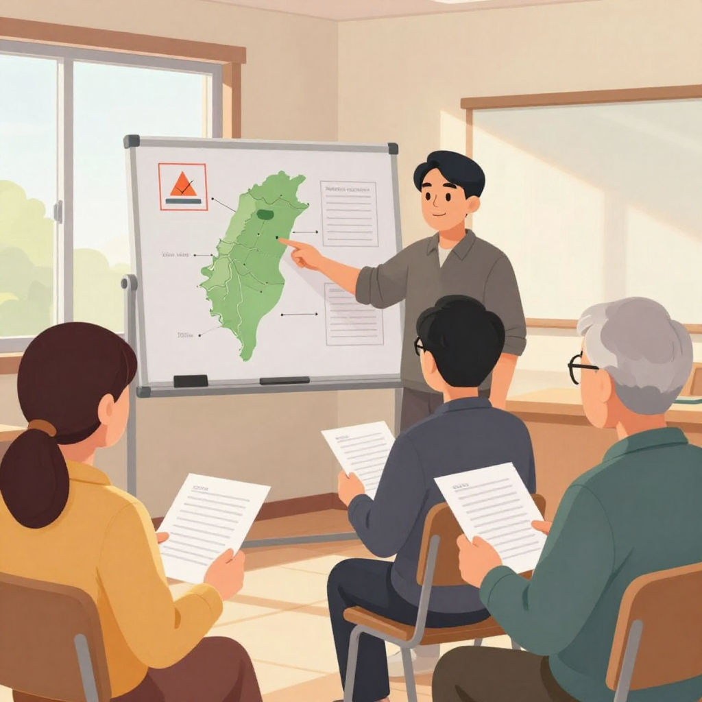 扁平插畫風格，與前面圖片同樣的柔和漸層與自然光影。場景為台灣一處社區防災說明會的室內空間，白天光線從窗戶灑入。畫面中央是一位中年講師站在簡化的示意看板旁，用手指向看板上的台灣地圖與防災圖示（僅有簡單圖案，無可讀文字），臉上表情認真友善。前景有三位坐著的民眾：年輕女性、戴眼鏡的上班族男性、銀髮長者，他們手持 A4 紙張，正面朝向自己或略向鏡頭，雙手自然握住，眼睛看著講師或紙張，動作自然。構圖為中景，人物約佔畫面一半，背景是簡單牆面與窗戶，沒有任何品牌 logo、可辨識商標、可讀文字或水印。色調偏暖，營造社區互助與安心準備的感覺。