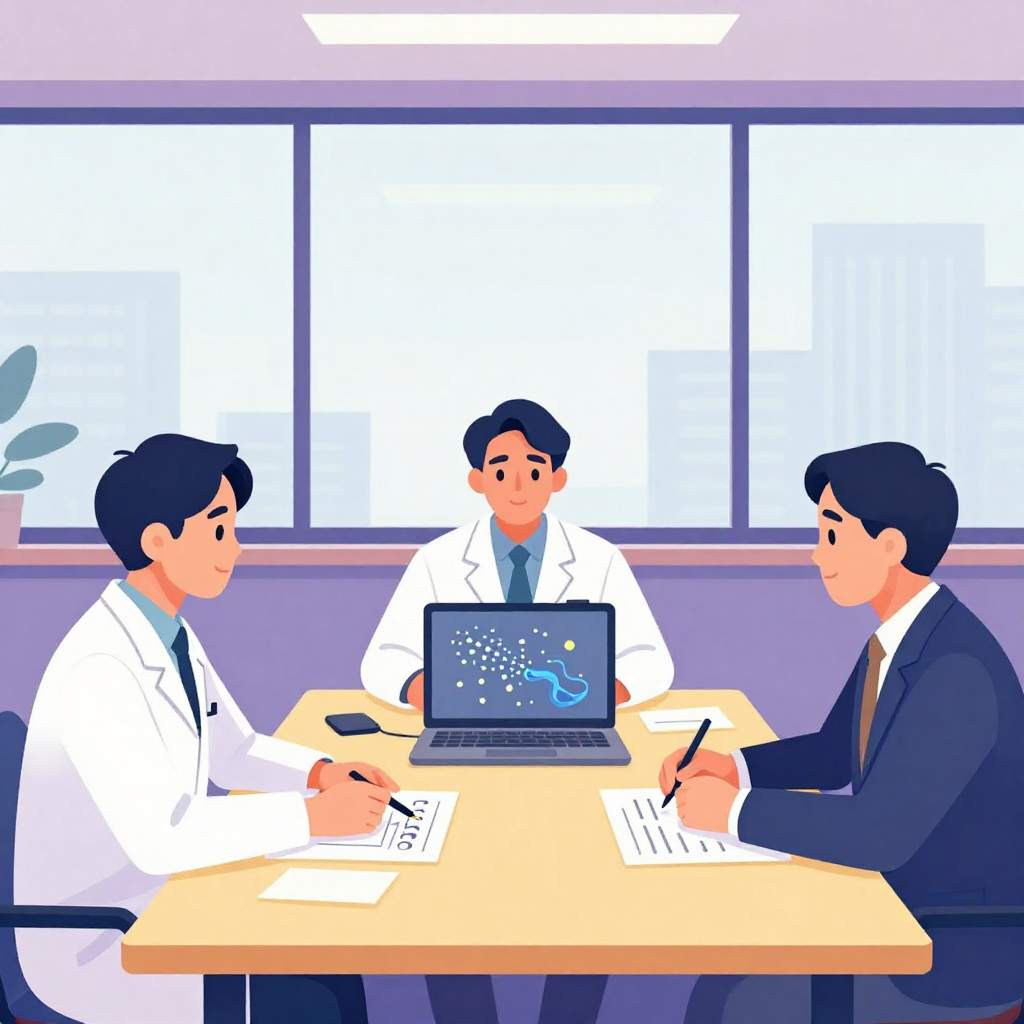 扁平插畫風格、藍紫與暖黃色對比色調，中景或廣角構圖。畫面中央是一張會議桌，一位台灣醫師、一位環境科學家與一位政策官員三人圍坐，面前桌上放著數張無文字的示意圖與一台開啟的筆電，螢幕朝向三人，顯示抽象的奈米顆粒與人體、河流圖示，沒有任何可讀文字或品牌 logo。三人彼此面向與視線自然交會，像在討論技術與規範，手勢自然，有人指向桌面圖示。背景是簡潔的會議室與大窗戶，可見模糊城市剪影。視角略高，能看到整個互動場景，畫面比例真實，無水印。