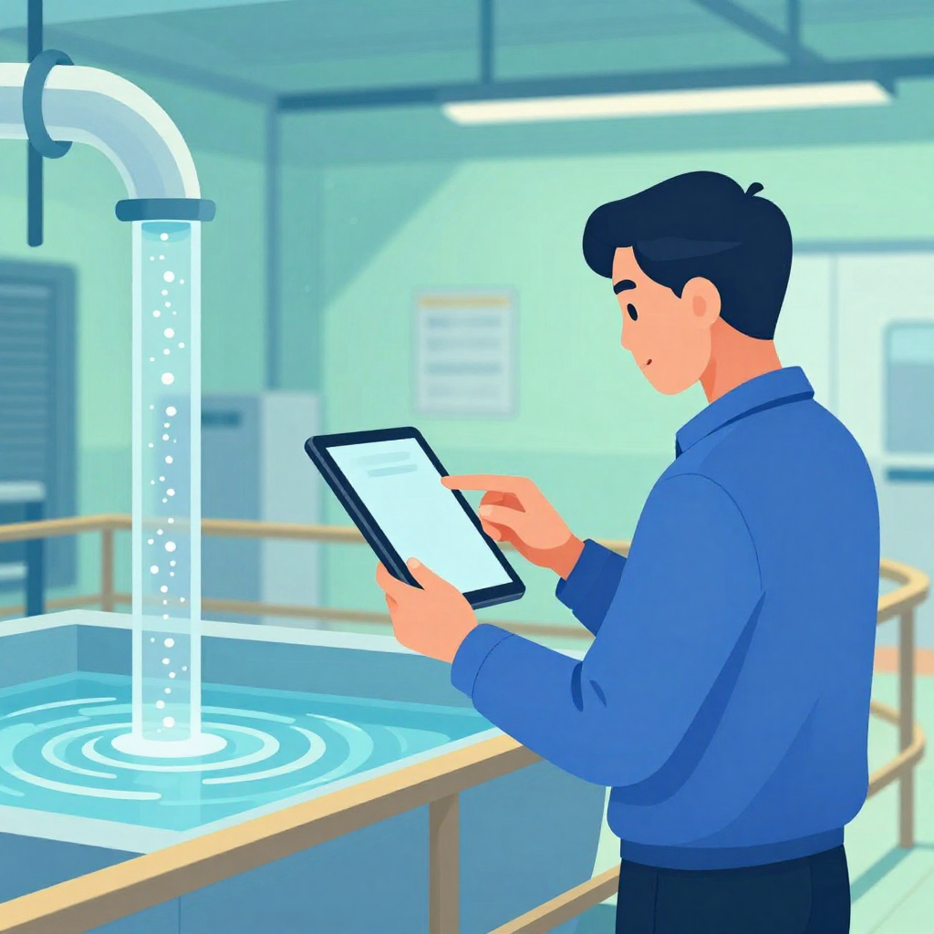 扁平插畫風格、藍綠色主調搭配少量橘色高光，中景構圖。畫面是一座現代化工廠的室內場景，右側有一位台灣中年工程師站在安全護欄旁，手持一台比例真實的平板電腦於胸前高度，螢幕朝向他，無任何文字與品牌，工程師一手扶著平板，另一手手指輕觸螢幕，視線專注看著螢幕。左側遠處可以看到一條透明水管內有象徵奈米顆粒的細小亮點流動，以及一個大型水槽示意水處理過程，皆以抽象幾何表示。視角略帶側上方，能同時看到人物、設備與工廠空間，景深讓背景稍微模糊。整體氛圍理性、乾淨、有未來感，畫面無商標、無可讀文字、無水印。