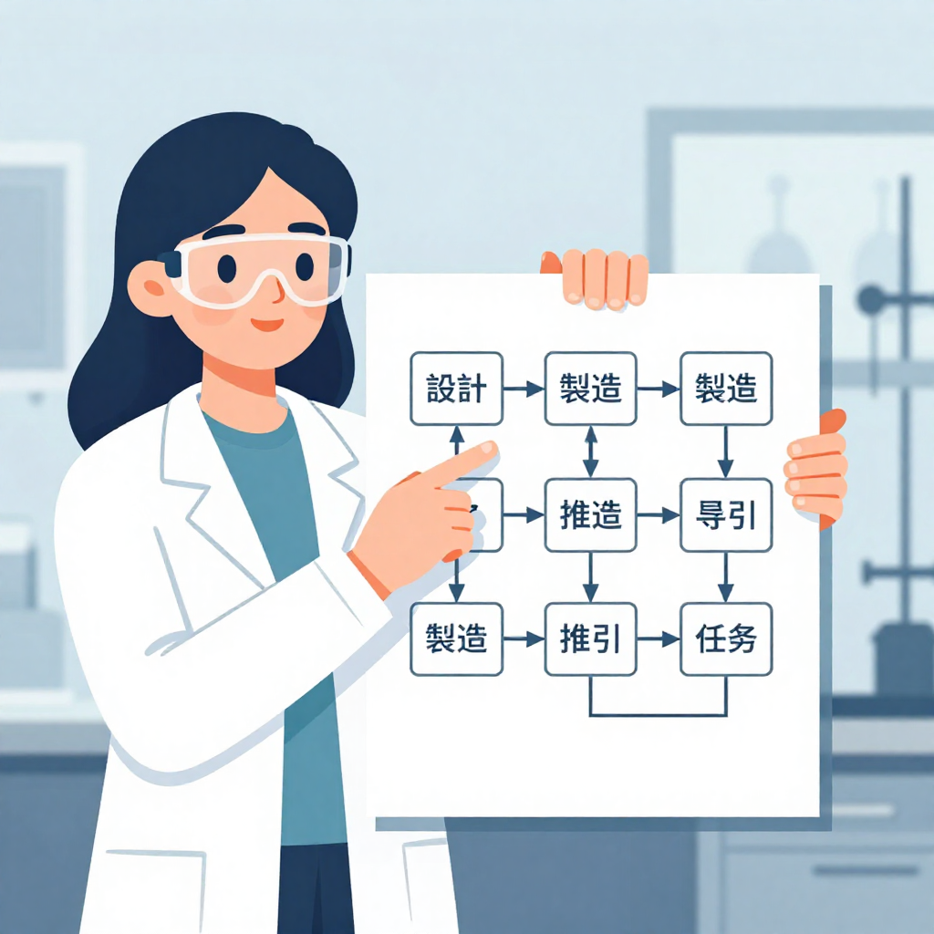 扁平插畫風格、冷色系為主搭配少量亮橘點綴，中近景構圖。畫面左側是一位台灣年輕女性工程師，上半身入鏡，穿著實驗袍與護目鏡，正用雙手自然持握一張無任何文字的流程圖海報，正面朝向她與觀者，她的眼睛看著海報中央，右手食指輕點其中一個節點。海報上只用簡單幾何圖示排列出「設計→製造→推進→導引→任務」的抽象流程，不含文字與標誌。右側背景是實驗室牆面與儀器剪影，略帶景深模糊。視角正面，人物與海報佔畫面約一半，構圖平衡，所有物件比例真實，無品牌 logo、無水印。
