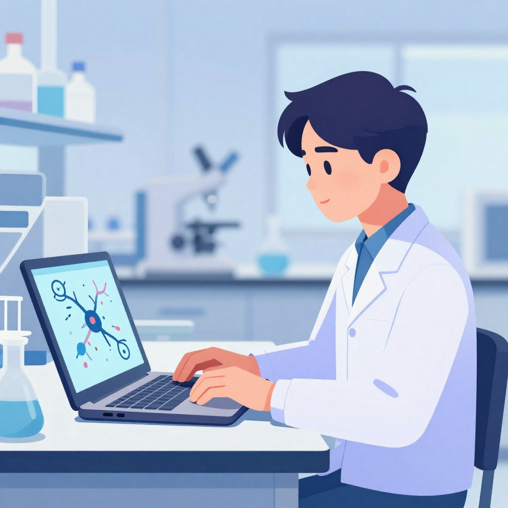 扁平插畫風格、柔和冷暖漸層光影，畫面中是一位台灣年輕研究生坐在實驗室桌前，中景構圖，人物約佔畫面三分之一。桌上有一台沒有任何品牌標誌的筆電，螢幕上以抽象圖示顯示血管與微小奈米機器人游動的示意圖，圖形僅用幾何色塊，不含可讀文字。研究生自然坐姿，雙手放在鍵盤附近，視線專注看著螢幕。背景是乾淨明亮的實驗室，有模糊的實驗設備輪廓與試管架，無任何商標與文字。視角略高於桌面，能同時看到人物與環境關係，整體色調偏藍紫，營造高科技但不冰冷的氛圍，所有物件比例真實、互動合理，畫面無水印。