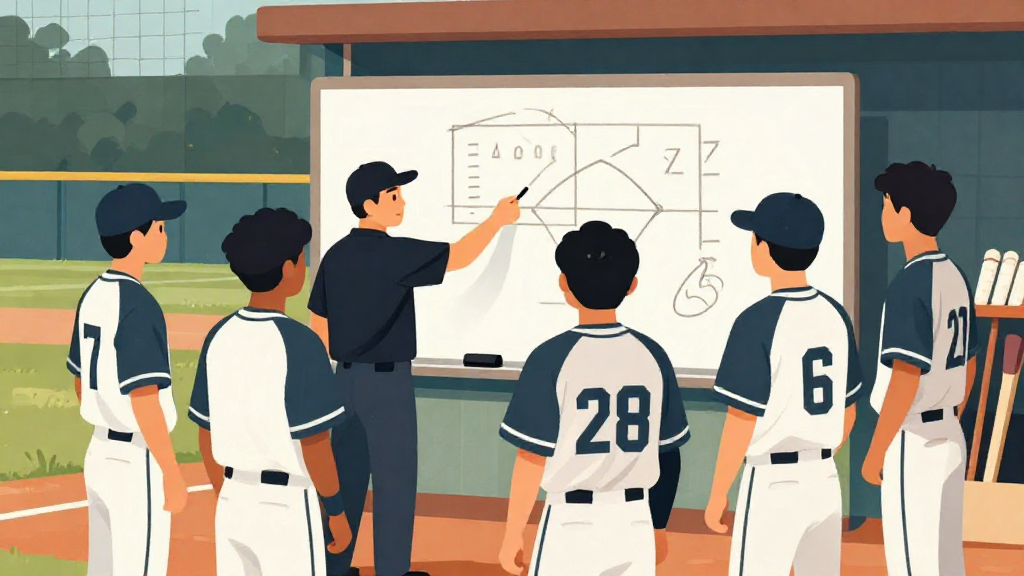 「扁平插畫風格、色調偏暖中帶一點冷色對比，場景為台灣室內棒球訓練場，教練與幾名球員站在白板前討論戰術。白板上是抽象化的數字與箭頭圖示，無可讀文字與 logo。教練以手持筆指向白板，球員面向白板專心聆聽，比例自然。構圖為中景，人物約佔畫面三分之二，背景有簡化的打擊網與球具架，光線從上方均勻照下，整體呈現總結與檢討的氛圍，不含任何品牌商標或水印。」