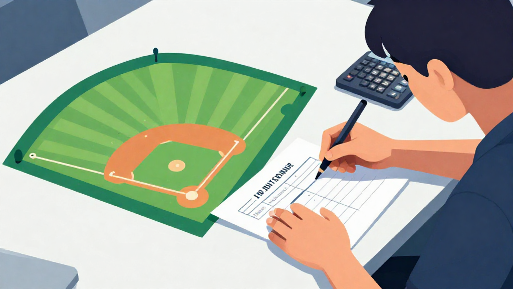 「扁平插畫風格、冷色系搭配少量亮色強調，畫面為上視角俯瞰桌面，桌上有一張簡化的棒球場示意圖和對比表格圖示，無任何可讀文字。畫面右側有一位台灣年輕球迷，上半身入鏡，手拿筆在紙上比劃，另一手放在計算機上，視線專注看著桌面資訊，比例自然。構圖為中近景，桌面與人物各佔約一半，光線從左上照射，形成柔和陰影，不出現品牌 logo、商標、水印或可讀文字。」