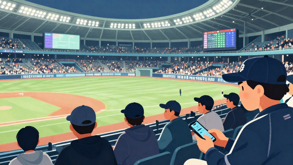 「扁平插畫風格、柔和冷色調光源，場景為東京巨蛋內部看台視角，可看到下方棒球場與記分板，記分板模糊顯示多場比數變化但不含可讀文字。畫面中有一群穿著台灣隊配色外套與國旗色帽子的球迷，神情複雜，有人緊張看著場內，有人拿手機查看戰績，手機螢幕朝向本人，大小比例真實。構圖為中景，人物約佔畫面一半，背景為球場觀眾席與燈光，整體呈現關鍵比賽前夕的緊張情境，不出現任何品牌 logo、商標、水印或可讀文字。」