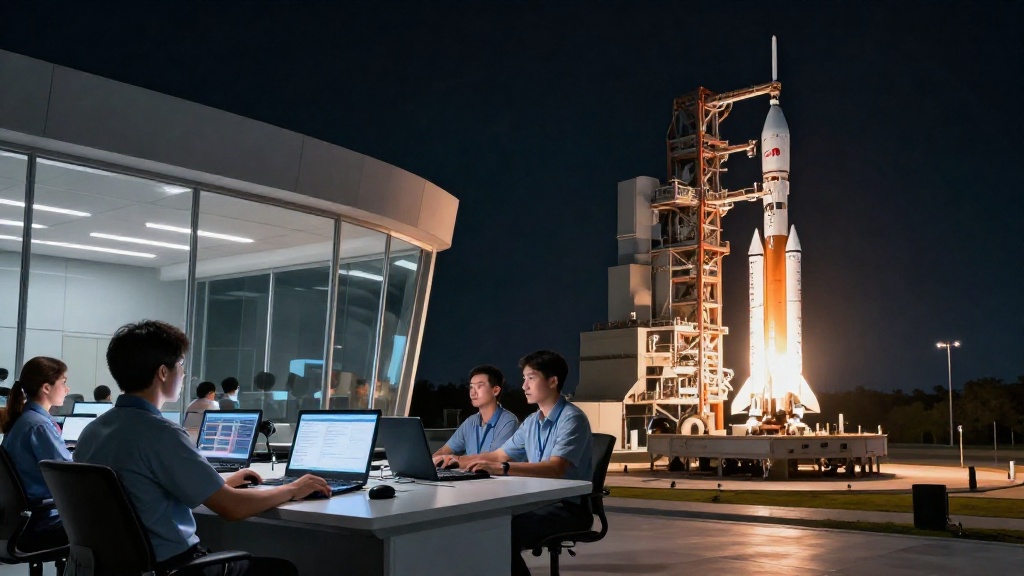 夜晚在美國德州 Starbase 發射場，一枚 SpaceX 獵鷹火箭準備升空，工程團隊在控制中心專注監看大螢幕上的發射數據。