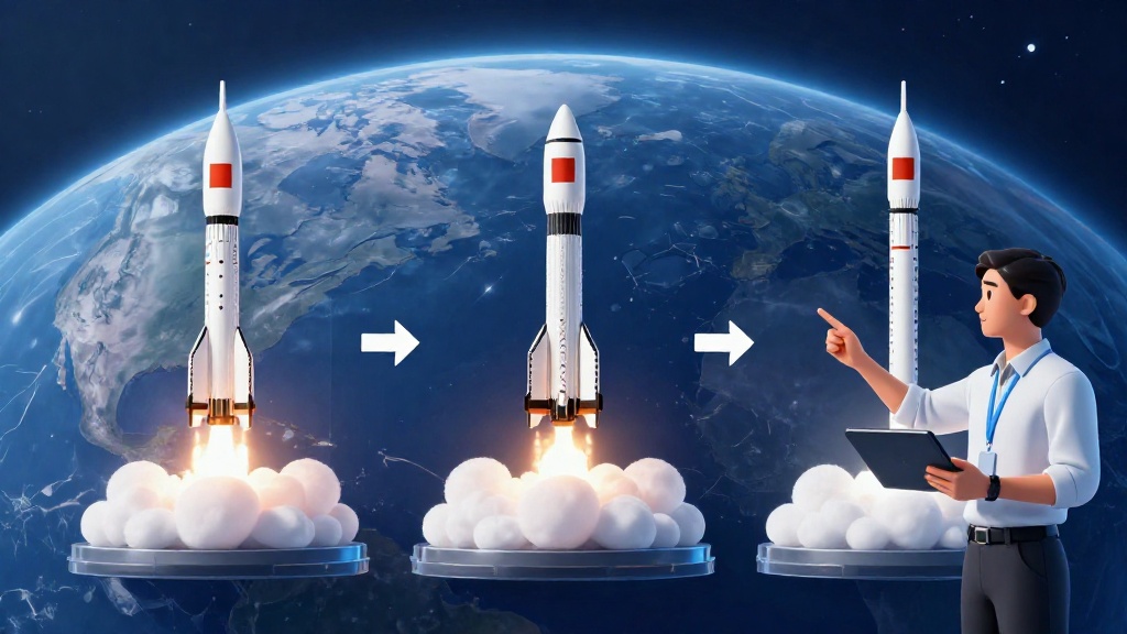 說明 SpaceX 可重複使用火箭流程的 3D 圖，呈現從發射、分離到第一節火箭垂直回收的關鍵步驟。