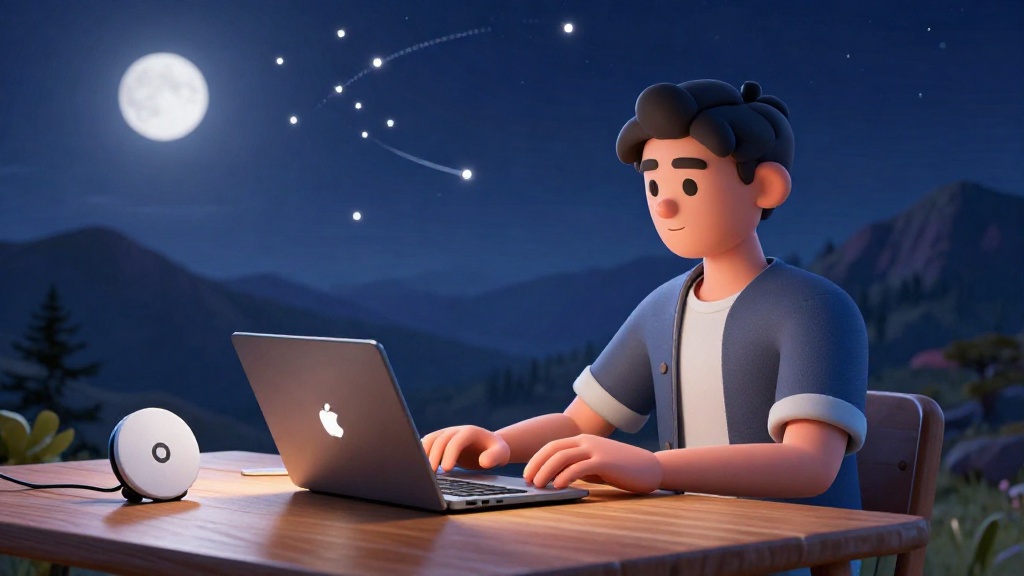 一名使用 Starlink 終端設備連上網路的用戶，在偏遠地區透過筆電進行遠距工作，背景可見晴朗夜空中的星鏈衛星軌跡。