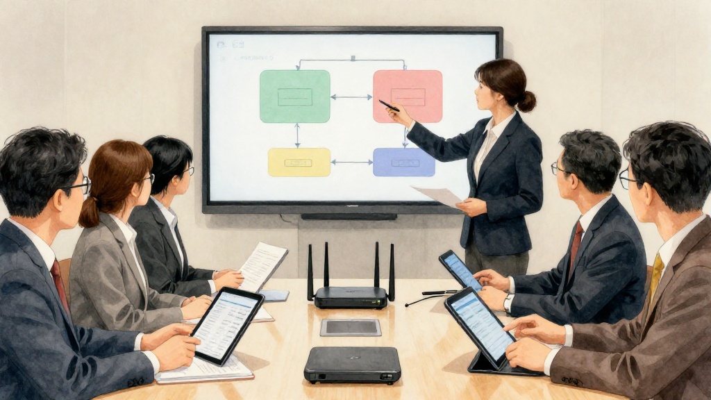 水彩風格呈現的網通集團策略會議，展示明泰與仲琦在產品與市場上的互補關係。