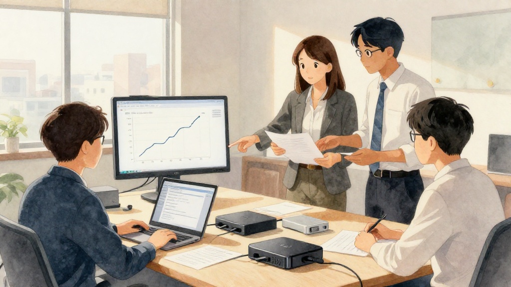 以水彩風格呈現的台灣網通公司辦公室情境，工程師團隊在會議室檢視網路設備產品規劃簡報。