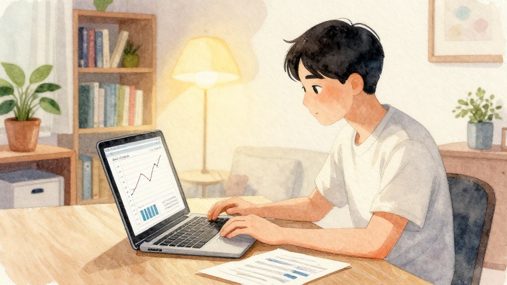 年輕投資人坐在書桌前，用筆電查詢 S&P 500 與 QQQ 指數 ETF，理解美股大盤與科技股的差異情境