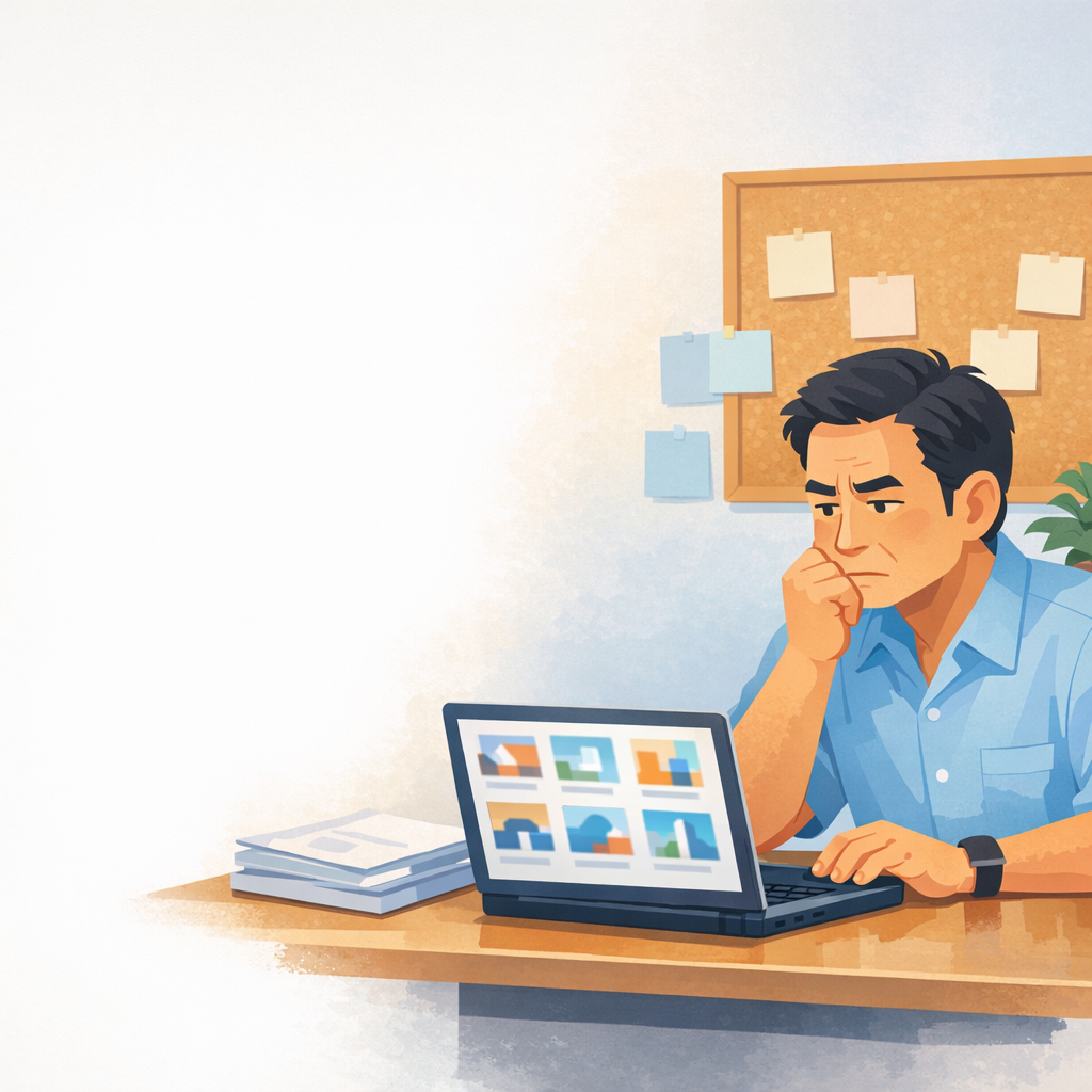 扁平插畫風格、柔和冷暖色系對比，室內辦公室場景，台灣中小企業老闆坐在辦公桌前，桌上擺著開啟中的筆電與一疊報價單。老闆微皺眉、右手撐著下巴，眼睛正對筆電螢幕，左手自然放在鍵盤附近，畫面中螢幕上顯示多個不同設計公司縮略圖，但內容不清晰無可讀文字。背景有牆面簡單軟木板與幾張模糊無字的便利貼。整體光線明亮柔和，營造猶豫、需要決策的氛圍。構圖上人物位於畫面右側，左側保留約 40% 乾淨留白，適合後續放標題文字。禁止出現任何品牌 logo、可辨識商標、可讀文字或水印。