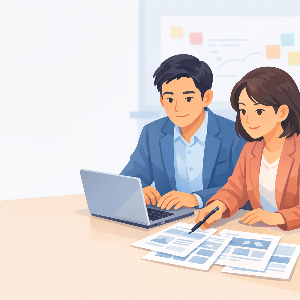 扁平插畫風格、柔和冷暖色系一致，會議室場景，兩位台灣商務人士（男女各一）坐在桌旁，桌上放著一台開啟的筆電與幾張網站截圖樣式的紙張，無任何可讀文字。三人一起看著筆電螢幕，螢幕正對著他們，手自然放在鍵盤與桌面上，其中一人用筆比著紙上的版型，呈現討論網站作品集的情境。背景簡單，有模糊的白板與貼紙但沒有文字。畫面光線明亮，氣氛專注而平和。構圖人物位於畫面中間偏右，左邊留約 30% 乾淨留白可放流程圖。禁止出現任何品牌 logo、可辨識商標、可讀文字或水印。