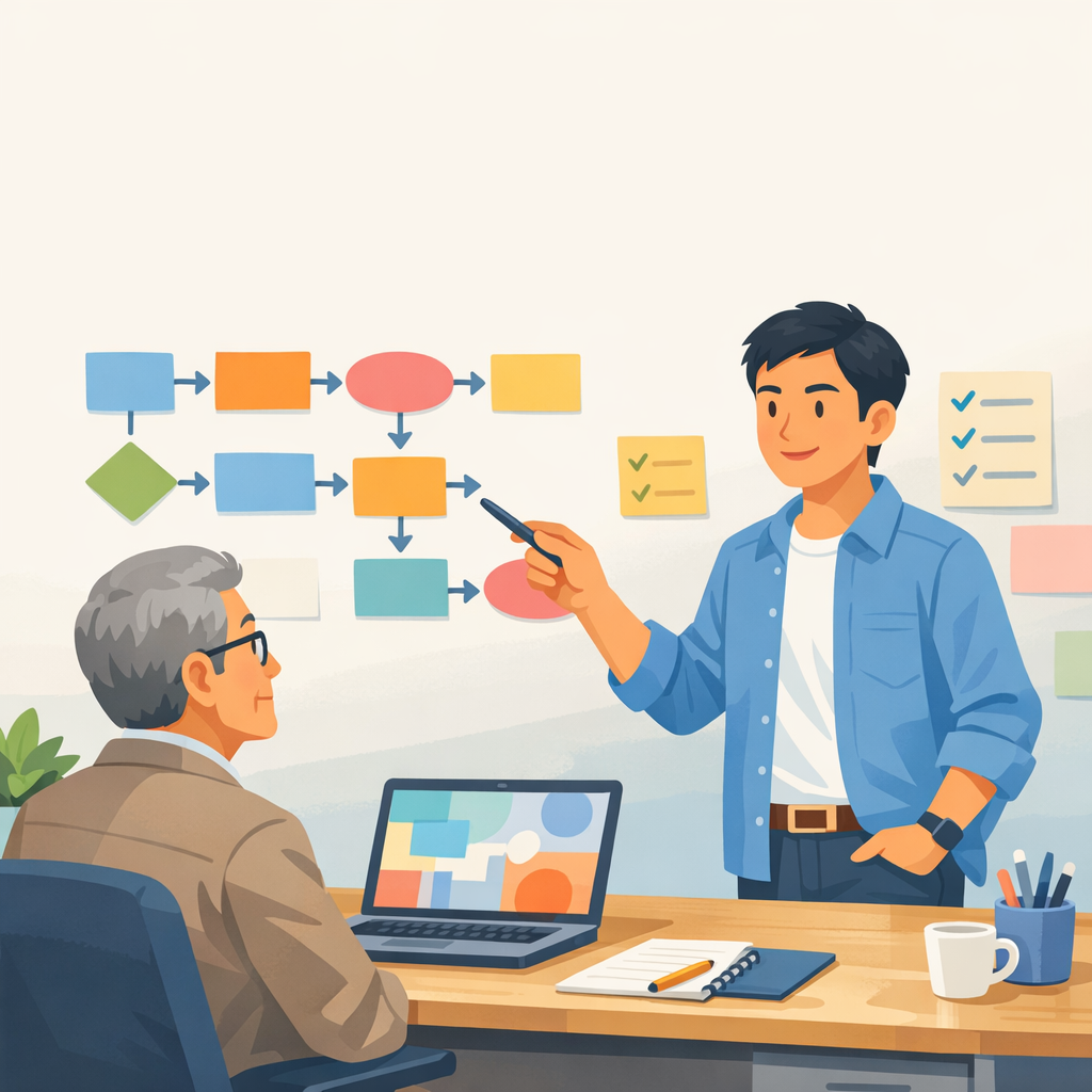 扁平插畫風格、同樣柔和冷暖色系，牆上貼有多張無文字流程卡片的辦公室場景。桌前一位台灣專案經理站著，手持一支筆指向牆上的流程箭頭，另一位老闆坐在桌邊，面向牆面與專案經理，桌上有開啟的筆電，螢幕朝向老闆，螢幕內容抽象無文字。兩人表情自然、專注，呈現說明專案流程與檢查清單的畫面。整體光線明亮、顏色清爽，帶有「整理好就不怕踩雷」的感覺。構圖人物略偏右，左側與上方保留充足留白，可放總結文字或清單圖示。禁止出現任何品牌 logo、可辨識商標、可讀文字或水印。