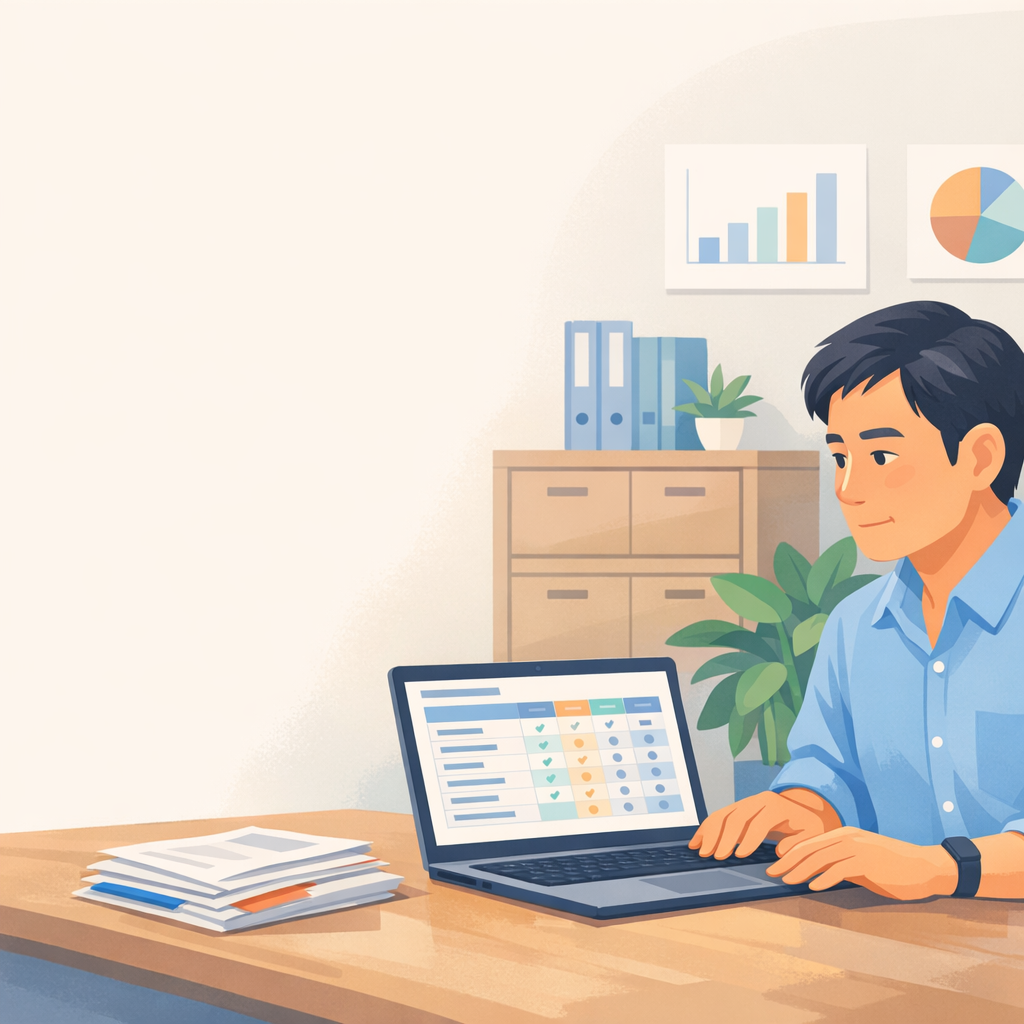 扁平插畫風格，柔和冷暖色調、輕微漸層光影。場景為台灣中小企業老闆的辦公室，桌上放著打開的筆電與一疊不同報價單，螢幕水平放在桌面，老闆正面坐在桌前，眼睛認真看著螢幕上的網站設計報價比較表，雙手自然放在鍵盤與觸控板區域。背景有簡單的文件櫃與觀葉植物，牆上是無文字的簡約圖表。畫面右側是人物，左側約 40% 留白可放標題文字。整體氛圍帶點猶豫與思考，但不焦慮。畫面中不要任何品牌 logo、不要可辨識商標、不要任何可讀文字、不要水印。