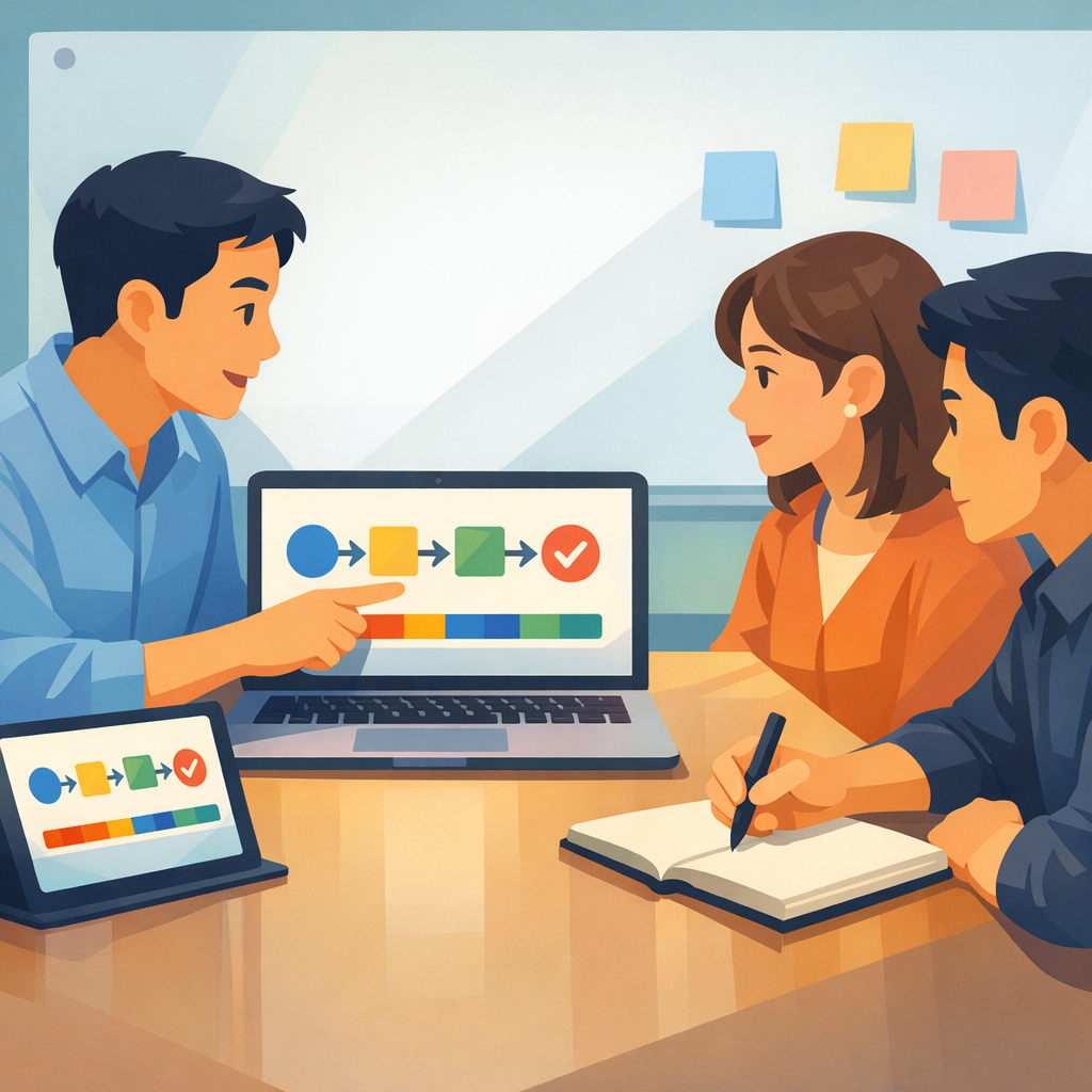 扁平插畫風格、同一組柔和冷暖色漸層光影。場景為會議室長桌，上面放著開啟的筆電與平板，螢幕顯示簡化的專案流程圖與進度條，全部以色塊與圖示呈現，沒有任何可讀文字或 logo。桌邊坐著三位台灣男女職場人物，其中一人指著筆電螢幕講解流程，另外兩人專注看螢幕，一人拿筆在空白筆記本上做記錄，肢體自然，所有視線集中在螢幕。背景有玻璃白板，上面貼著幾張無字便利貼。構圖偏中近景，重點放在螢幕與人物協作，營造專案流程清楚的氛圍。嚴禁出現品牌 logo、商標、可讀文字或水印。
